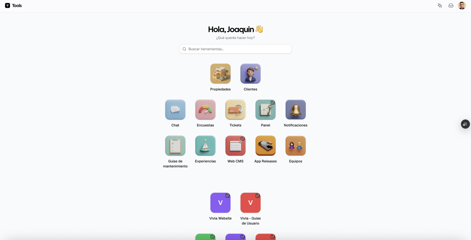 La home de Tools con todas las herramientas